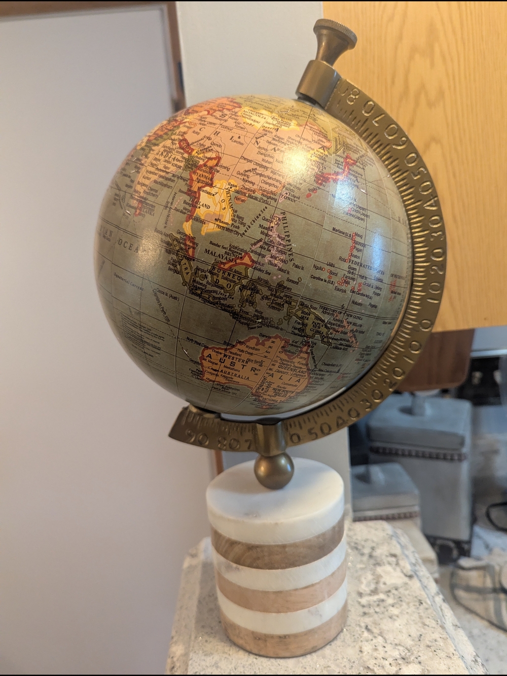 Drexel Heritage Globe 16" Wood Marble Base Table Decor Earth Tones